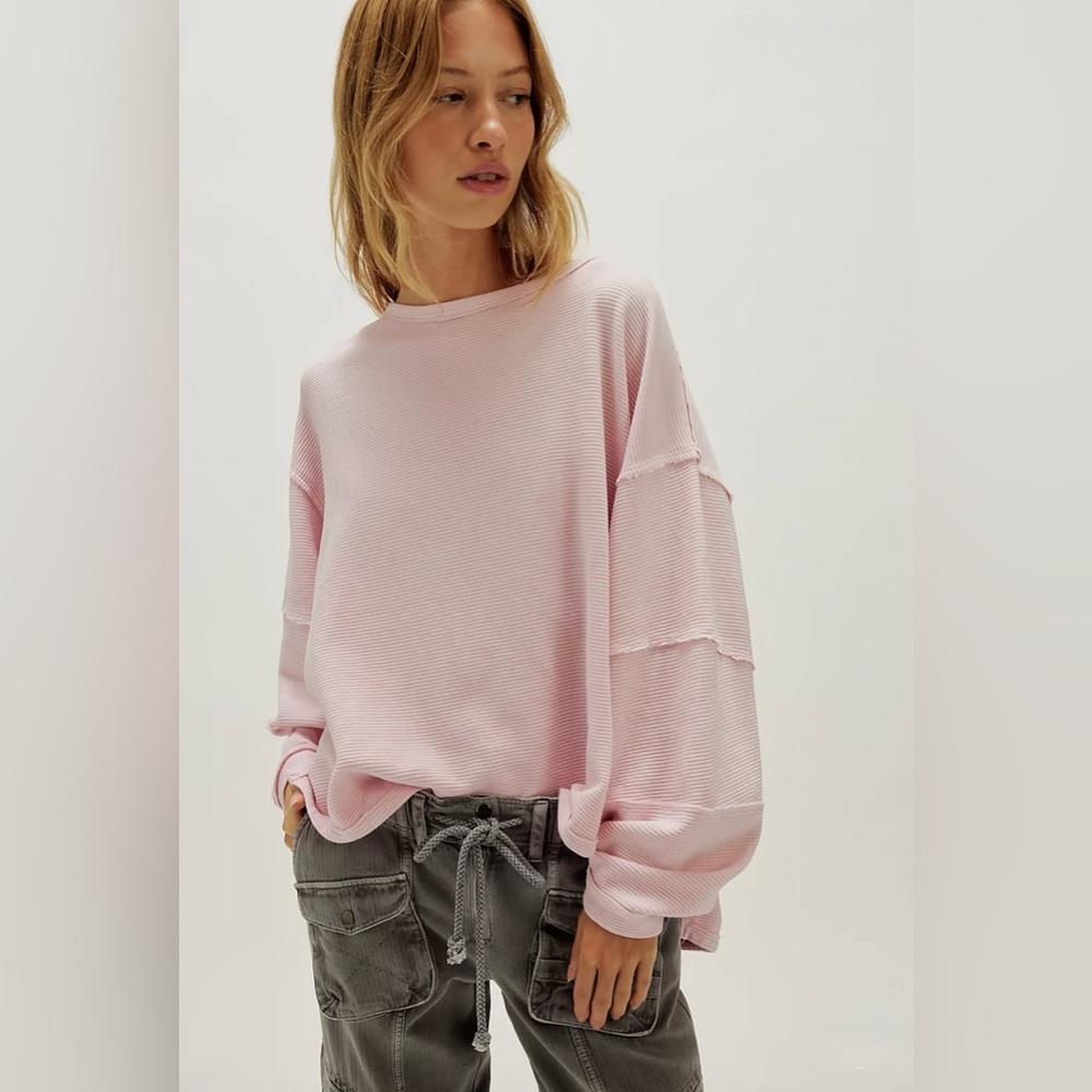 Free People We The Free Total Eclipse Pink Ribbed Slouchy Long Sleeve Tee M